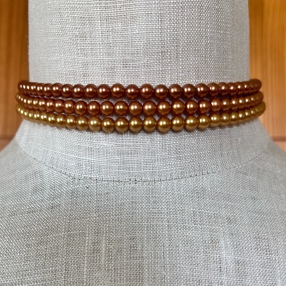 Vintage Three Strand Choker Faux PearlBrown Orange Gold Retro Glam